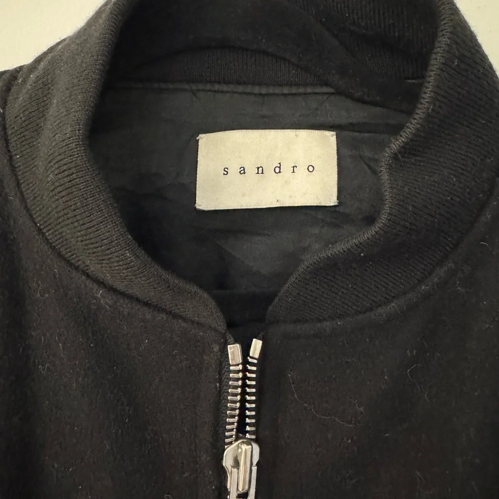 Sandro Black Wool Bomber Jacket with Silver Zip